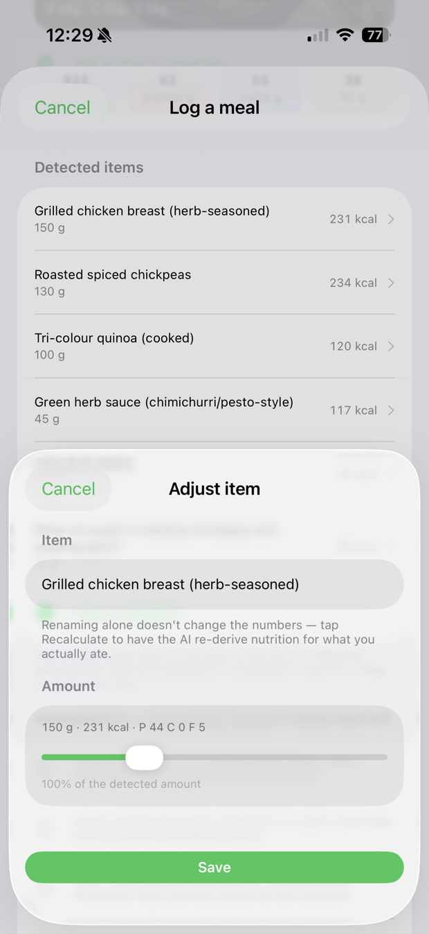 Detected items of a chicken bowl, each with calories, and the Adjust item sheet with an amount slider