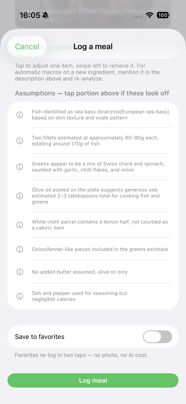 Assumptions list from a real analysis: sea bass identified by skin texture, two fillets around 170 g, generous olive oil estimated at 2–3 tablespoons, and a lemon half not counted
