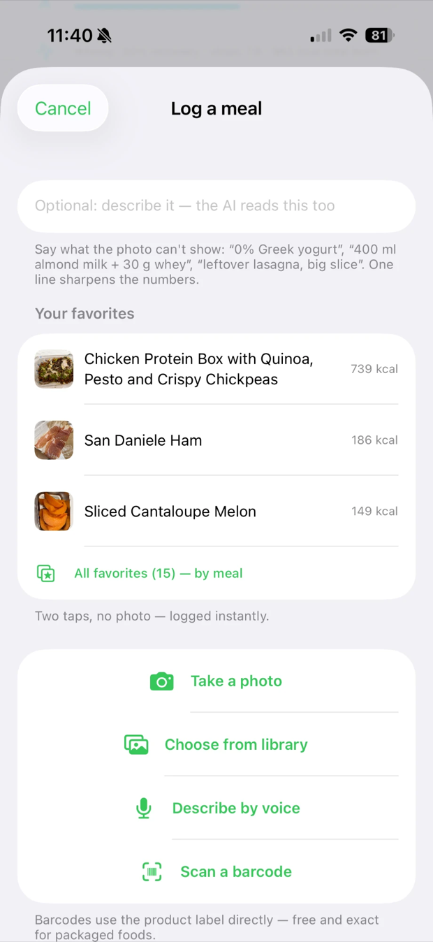 Log a meal sheet: your favorites with calories each, search, and Take a photo, Choose from library, Describe by voice, Scan a barcode options