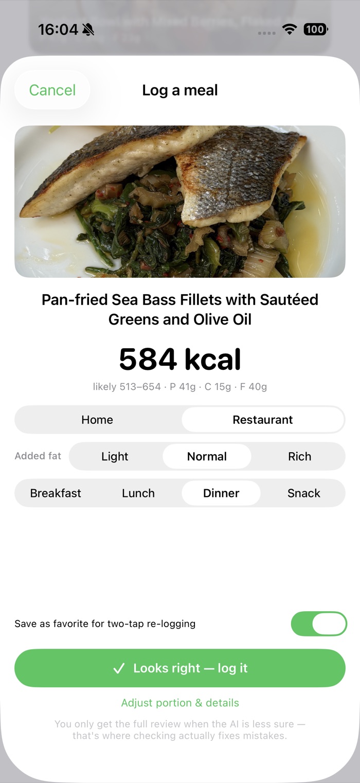 BuonApp reading a real dinner: pan-fried sea bass — 584 kcal, likely 513–654, with macros and a Looks right, log it button