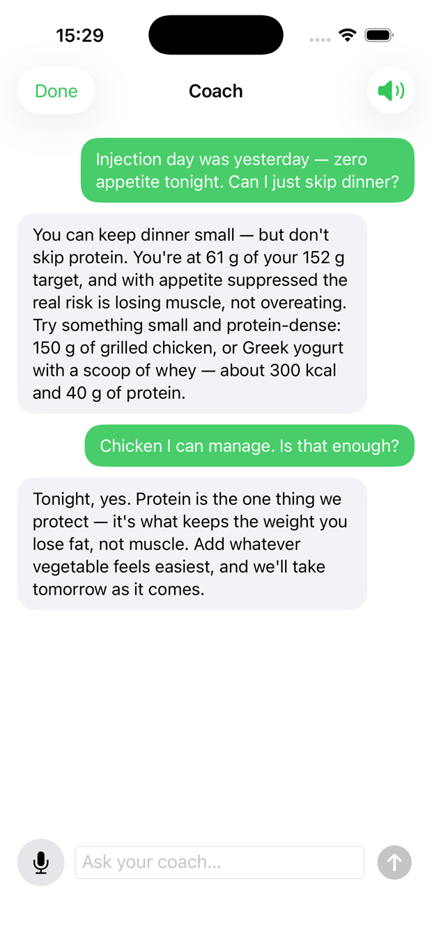 Coach chat protecting protein on a no-appetite day: keep dinner small but don't skip protein
