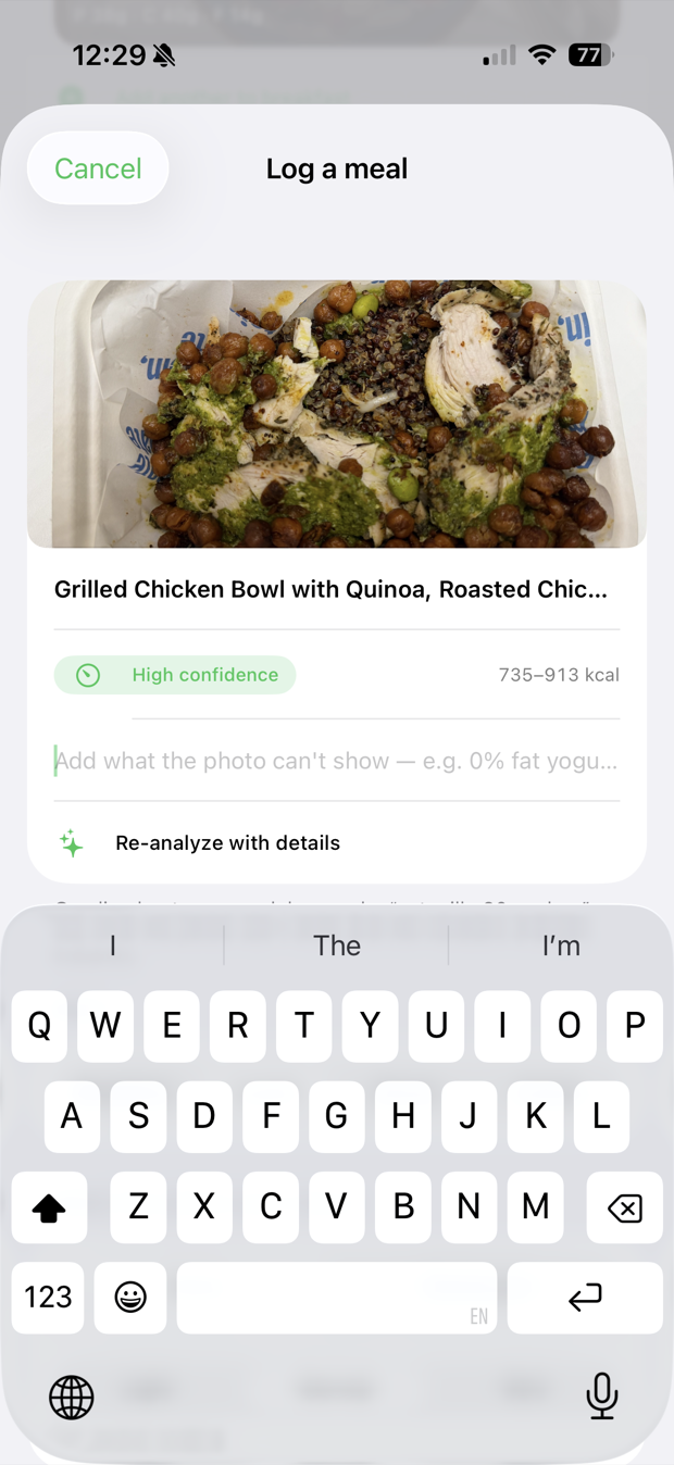Full review of a grilled chicken bowl with the field Add what the photo can't show and a Re-analyze with details button