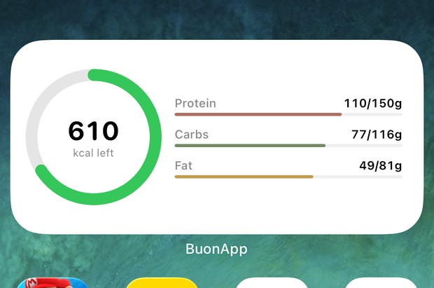The home-screen widget at the same moment: 610 kcal left with the same macro bars - 110 of 150 g protein, 77 of 116 g carbs, 49 of 81 g fat